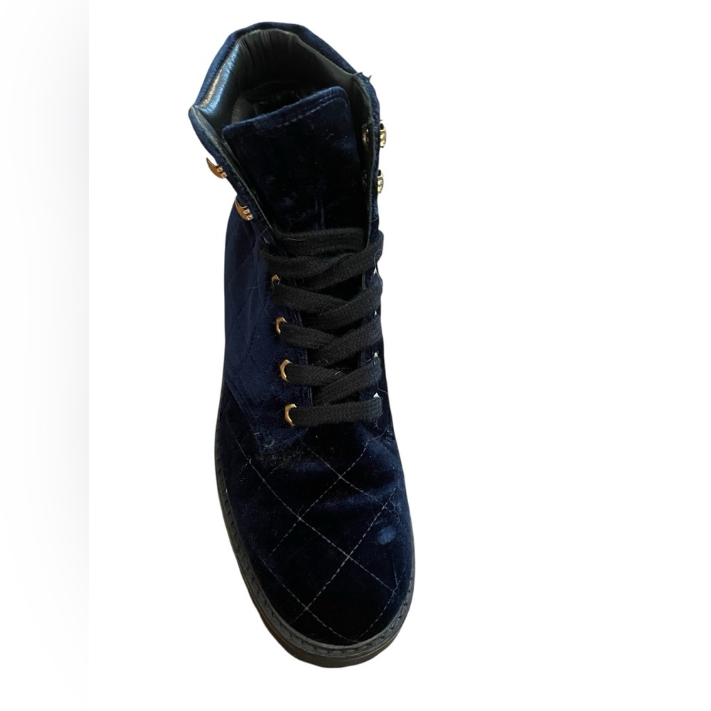 SANDRO Paris Aron Blue Quilted Velvet Combat Hiker Boots - Picture 4 of 15